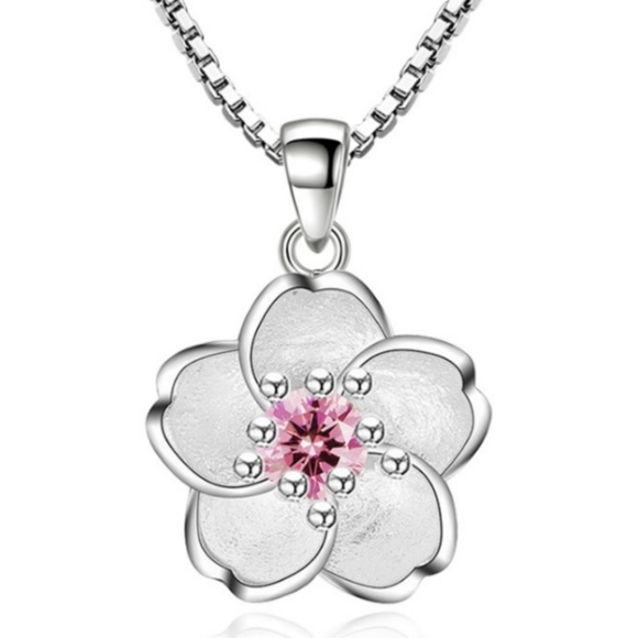 Flower Pendant Necklace Pink Gemstone Silver Set - Picture 5 of 7